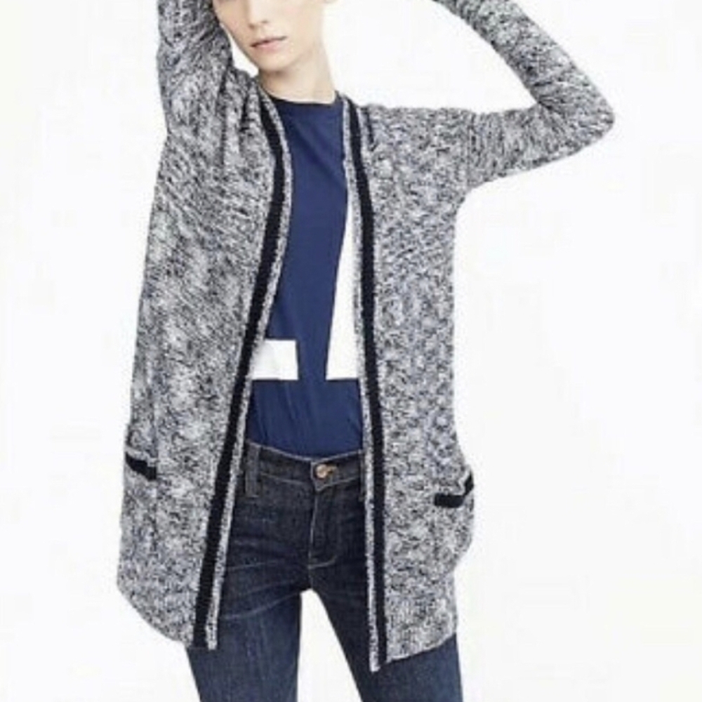J. Crew Navy and Pearl Marled Varsity Style Cardigan Size L